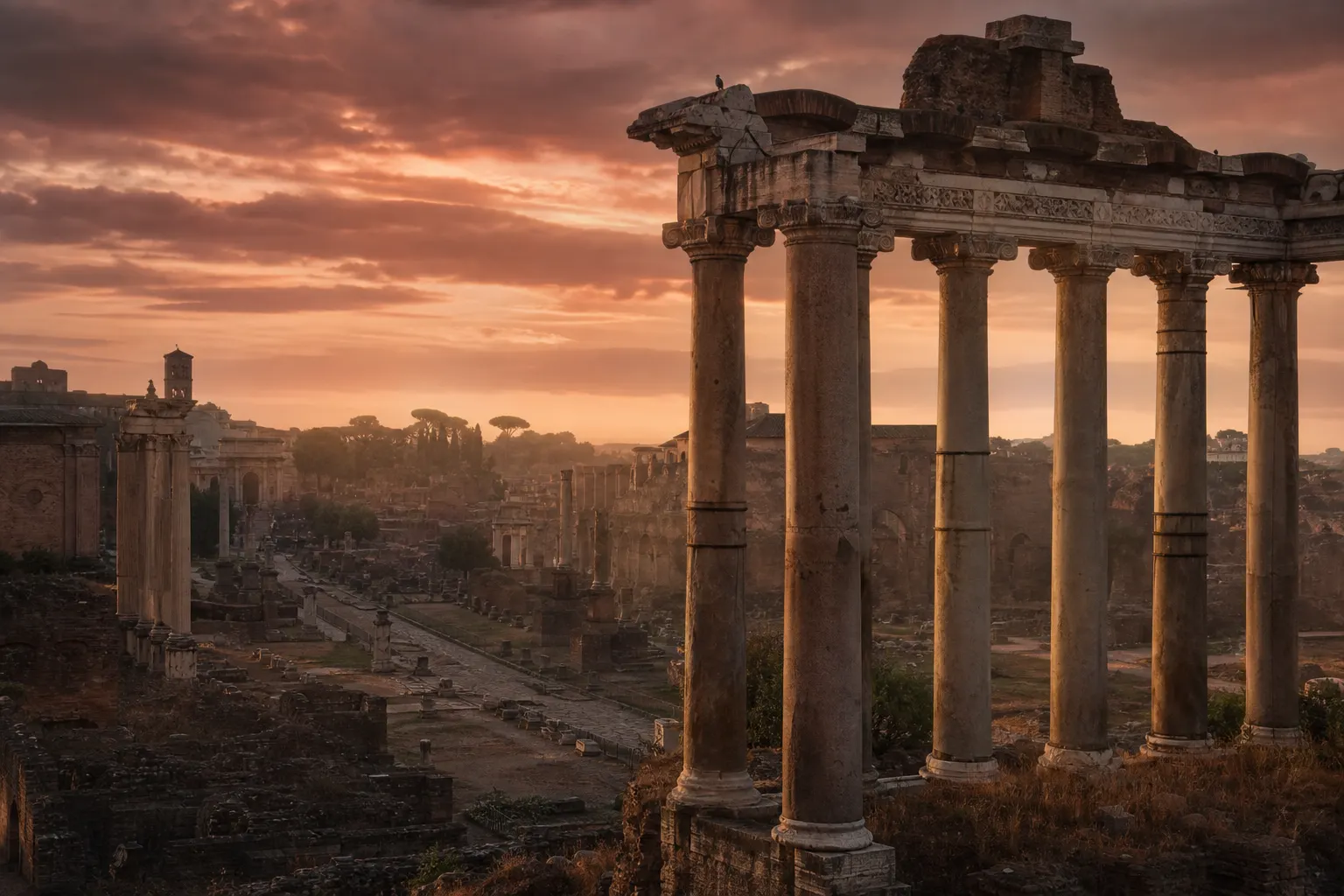 Vista ampla de ruínas romanas ao entardecer, com colunatas recortadas contra o céu